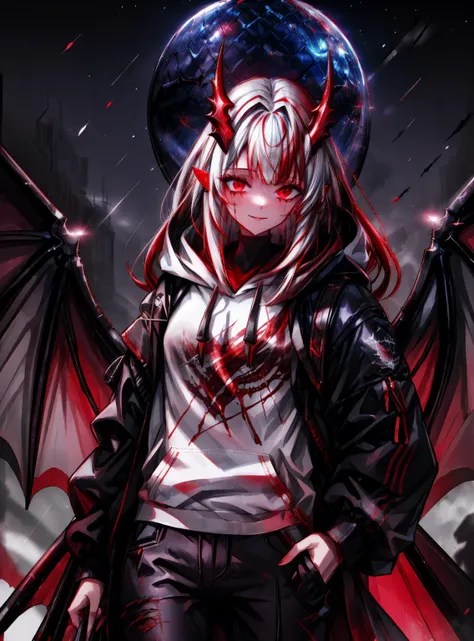 (masterpiece, high quality, high detail),(detailed face, detailed body, detailed outfits, detailed skin), <lora:runny_makeup_v0.2:1>, 1girl, white and red hair, heterochromia, red eyes, glowing eyes, glowing hair, black tears makeup, evil smile, black hoodie, jeans, dragon wings, magic fire in hand, <lora:hyperdetailer_v095:1>, <lora:SlitPupils:1>, <lora:onihors:1>, <lora:partcls:1>