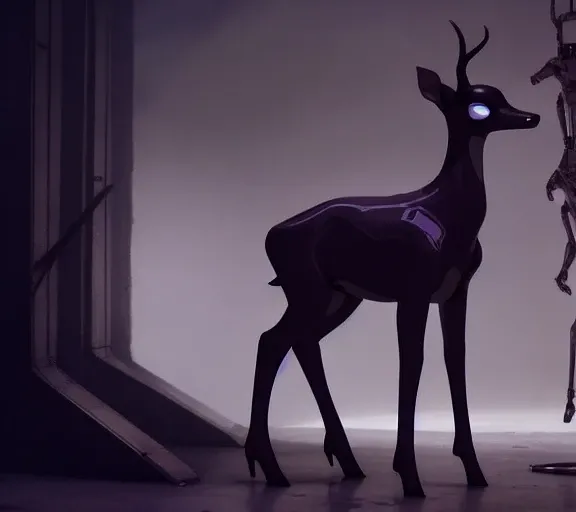 nousr robot <lora:bambiDoe:0.7> deer as (barbara palvin:0.5) a dominatrix whipping slaves  inside a science fiction dungeon by Greg Rutkowski