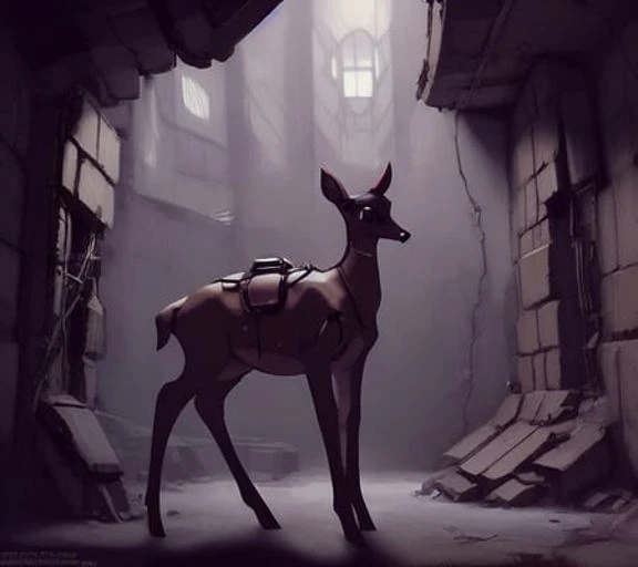 nousr robot <lora:bambiDoe:0.7> deer inside a dungeon by Greg Rutkowski