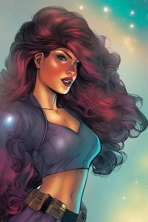 1girl, portrait, comic book style,  incredible feminine comic superhero beauty ,wild hair colors, digital art  , trading card overlay , smirk , solo , rim lighting , illustrated background , looking at viewer, duskz1