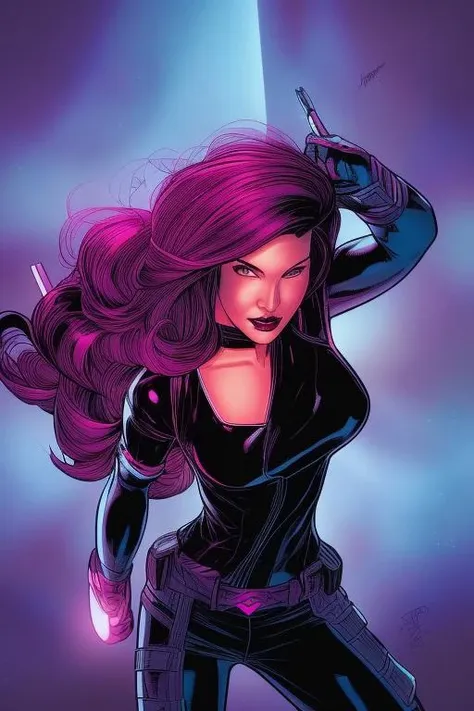 1girl, Betsy Braddock, Psylocke, portrait, 2000s comic book style,  incredible feminine comic superhero beauty , violet colored hair, cinematic lighting, illustrated background , l duskz1