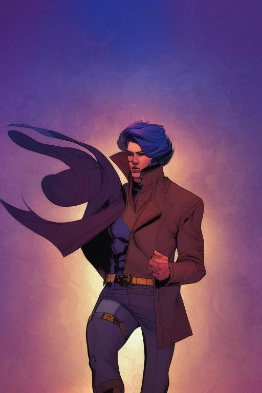 Remy Lebeau, Gambit, male_focus, portrait, 2000s comic book style,  incredible comic superhero  , violet colored hair, cinematic lighting, illustrated background , l duskz1