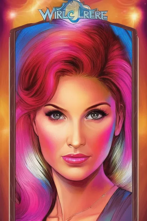 1girl, portrait, tarot card ,vivid colors , incredible feminine comic superhero beauty ,wild hair colors, digital art  , trading card overlay , smirk , solo , rim lighting , illustrated background , looking at viewer, duskz1