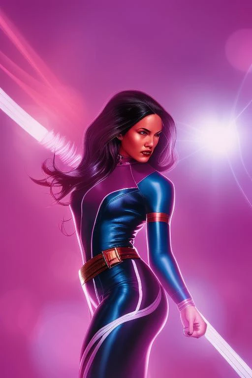 1girl, Betsy Braddock, Psylocke, portrait, 2000s comic book style,  incredible feminine comic superhero beauty , violet hair, cinematic lighting, pantone colors , illustrated background , l duskz1