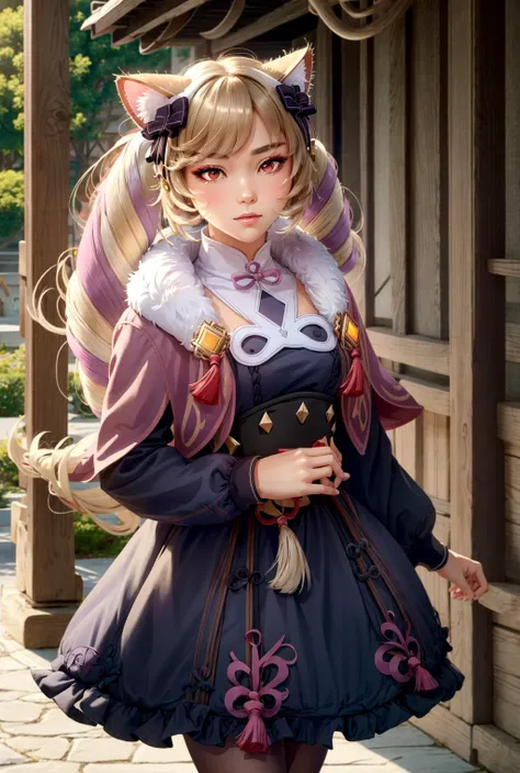 tassel, fur trim, pink capelet, dress, long sleeves, purple pantyhose <lora:Юн Ðжин Genshin Impact(aayunjin, long hair, bonnet,makeup,red eyes,medium breasts(tassel, fur trim, pink capelet, dress, long sleeves, purple pantyhose):0.8>, <lora:ÐоÑка-девоÑка из Ñок ÑоÑ(Himeko, very long hair, red eyes, hair bow, twin_drills, twintails, long hair,cat ears, yellow cat ears,):0.8>,Himeko, very long hair, red eyes, hair bow, twin_drills, twintails, long hair,cat ears, yellow cat ears, 1girl in full growth, best quality, masterpiece, ultra-detailed, high quality, perfect nose, highly detailed skin, warm skin tone, defiance512, RAW photo, best quality, high resolution, (masterpiece), dreamlike, dreamy, modelshoot style, analog style, tonemapping, photorealistic, professional photography, sharp focus, HDR, 8K resolution, intricate detail, sophisticated detail, hyper detailed, (depth of field), highlight and shadow, volumetric lighting, cinematic bloom, professional light, looking at viewer, blotchy,