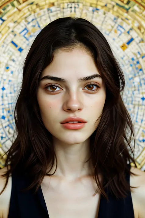 mosaic style portrait of realistic photo of <lora:sd15_EveDumon_locon_64_v1-000015:1> EveDumon, face, eyes, astrology symbols