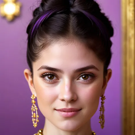 (baroque style, ornate, purple, dramatic, highly detailed:1.15), <lora:sd15_EveDumon_locon_64_v1-000015:1> EveDumon, focus on eyes, close up on face, grinning, wearing jewelry, hair styled as top knot hair,