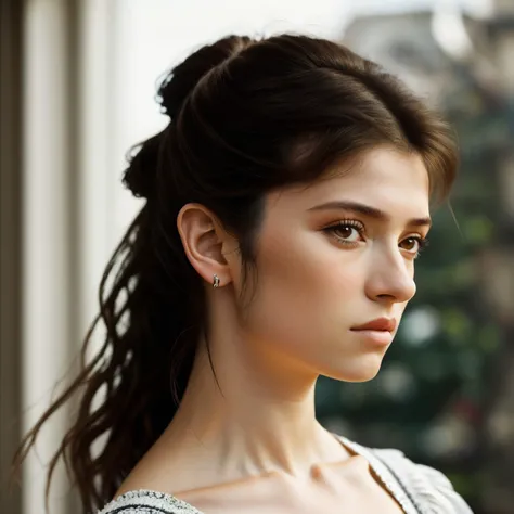 (style of Jean-Baptiste Camille Corot:1.15), headshot of <lora:sd15_EveDumon_locon_64_v1-000015:1> EveDumon, focus on face, side view wearing a maid dress <lora:victorian_maid-1.0:0.8> , her hair is styled as mullet hair,
