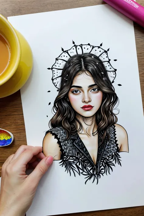 realistic photo of <lora:sd15_EveDumon_locon_64_v1-000015:1> EveDumon, ink splash, colorful, zentangle