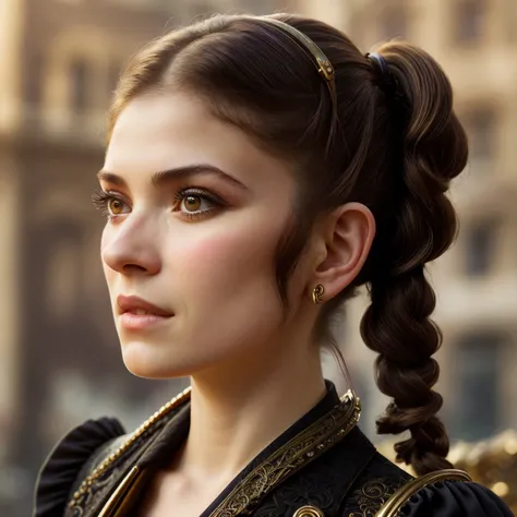 (baroque style, ornate, purple, dramatic, highly detailed:1.15), <lora:sd15_EveDumon_locon_64_v1-000015:1> EveDumon, focus on eyes, close up on face, grinning, wearing jewelry, hair styled as top knot hair,