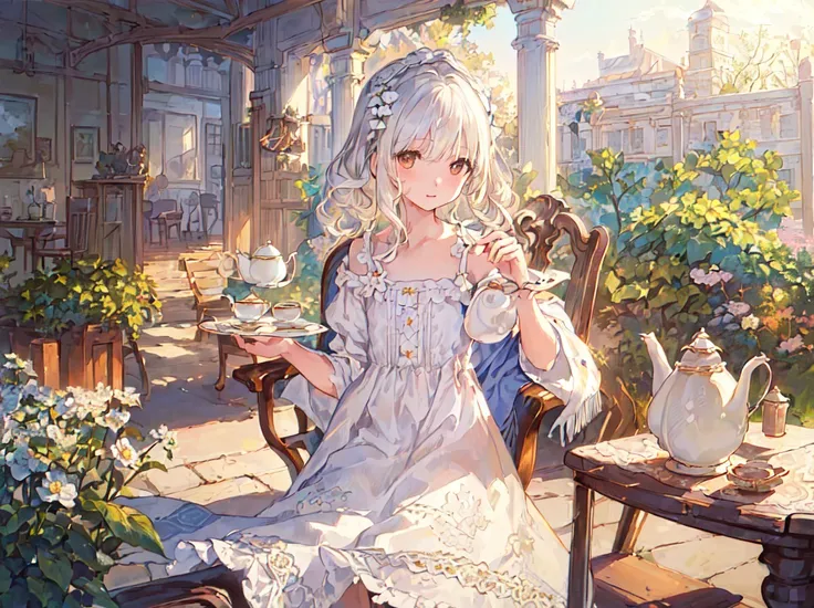 (masterpiece, best quality:1.3), ((illustration), detailed eyes, detailed face, ((still life)), ((1 charming white-haired girl)), ((peaceful)), small chest, (nightdress), brown eyes, curly hair, (blanket), blue pattern, ((soft)), (afternoon), ((chair)), garden view, teapot, cupcake