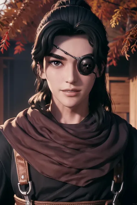 (day),a tree filled with red leaves in autumn,
Standing at attention,
Black outfit,black jacket,eye patch with a skull on his face,red scarf,
<lora:Liaoyuan_Huo_Ravages-KK77-V1:0.7>,realistic,
long hair,black hair,forehead,
1 man, 20yo,male,Beautiful Finger,Beautiful long legs,Beautiful body,Beautiful Nose,Beautiful character design, perfect eyes, perfect face,expressive eyes,perfect balance,
looking at viewer,
official art,extremely detailed CG unity 8k wallpaper, perfect lighting,Colorful, Bright_Front_face_Lighting,shiny skin,
(masterpiece:1.0),(best_quality:1.0), ultra high res,4K,ultra-detailed,
photography, 8K, HDR, highres, absurdres:1.2, Kodak portra 400, film grain, blurry background, bokeh:1.2, lens flare, (vibrant_color:1.2),professional photograph,