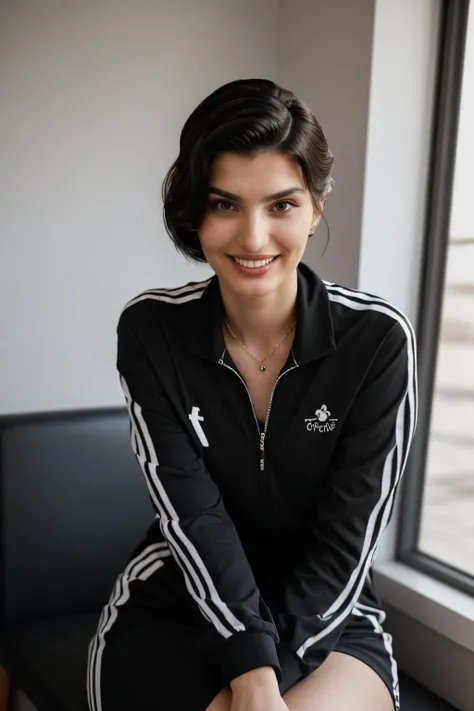 (eye level, headshot:1.2) photo of <lora:YaelAris_v1:0.9> YaelAris wearing makeup and with black hair, smiling, she is wearing track suit , she is wearing necklace, her hair is styled as finger waves lob hair, BREAK she is (sitting in a cafe:1.1), creative shadow play, shot on ALEXA 65, 50mm ,fine film grain ,black and white, in the style of Alex Timmermans