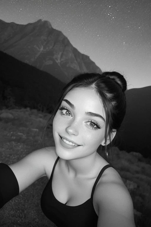 (low angle, headshot:1.2) photo of <lora:YaelAris_v1:0.9> YaelAris with black hair and wearing makeup ,
smiling,
she is wearing sweatpants
  ,
she is wearing belt,
her hair is styled as voluminous bun,
BREAK she is (stargazing on a mountaintop at night:1.1),
soft bounced lighting,
black and white,
in the style of Walker Evans