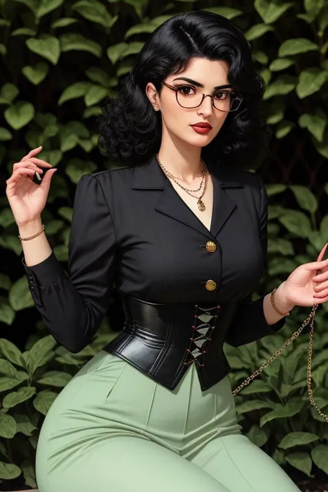 retro style, vintage colors, old-school design, nostalgic (eye level, headshot:1.2) photo of <lora:YaelAris_v1:0.9> YaelAris with black hair and wearing makeup wearing black rectangle glasses, she is wearing corset , she is wearing necklace, her hair is styled as curly bob hair, BREAK she is (in the garden:1.1), soft bounced lighting, shot on Bolex H16 ,8mm fisheye lens ,Velvia 100 ,hologram effect,