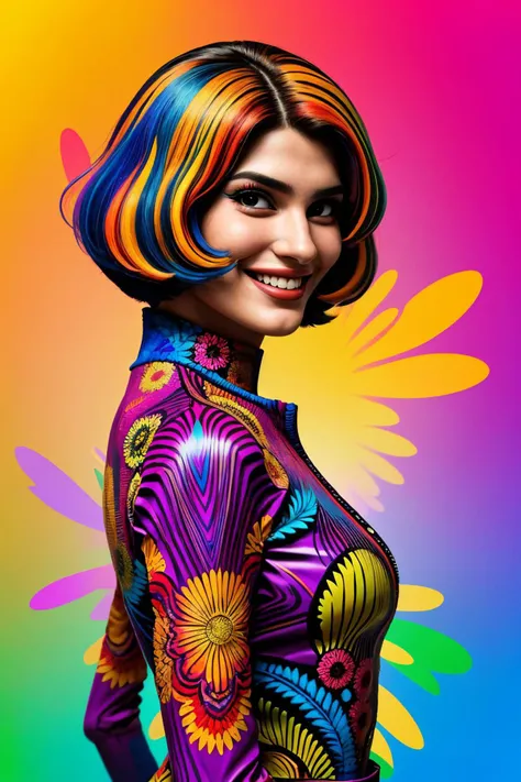 psychedelic version of, vibrant, kaleidoscopic, surreal, detailed upper body <lora:YaelAris_v1:0.9> YaelAris, focus on smiling face, wearing cosplay clothing , her hair is styled as Straight Textured Bob,