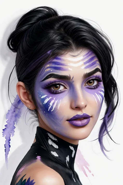 (watercolor painting:1.2) of <lora:YaelAris_v1:0.9> YaelAris with black hair and wearing makeup, close up on face, focus on eyes, (lavender face paint:1.2)