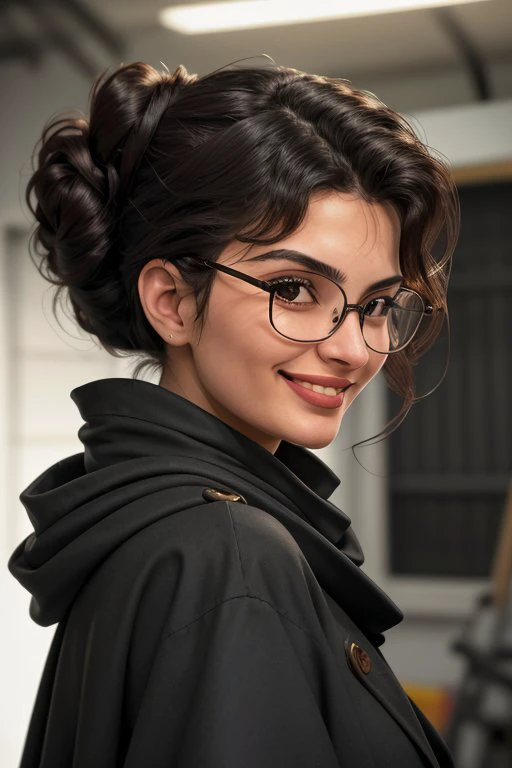 (from below, closeup on face:1.2) photo of <lora:YaelAris_v1:0.9> YaelAris  wearing black rectangle glasses,
smiling,
she is wearing  surcoat
,
she is wearing scarf,
her hair is styled as Curly Twisted Updo,
BREAK she is (in the garage:1.1),
soft fill lighting,
Kodak Vision3
,solarized,