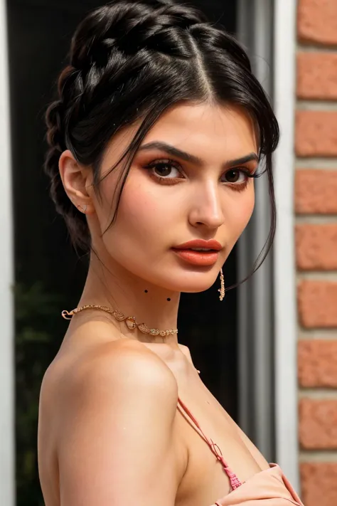 pop surrealistic, dreamlike, pop culture elements, vibrant, detailed <lora:YaelAris_v1:0.9> YaelAris with black hair and wearing makeup, focus on eyes, close up on face, wearing jewelry, Light salmon color hair styled Straight Milkmaid Braid