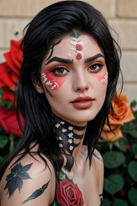 realistic photo of <lora:YaelAris_v1:0.9> YaelAris with black hair and wearing makeup, close up on face, focus on eyes, (rose face paint:1.2)
