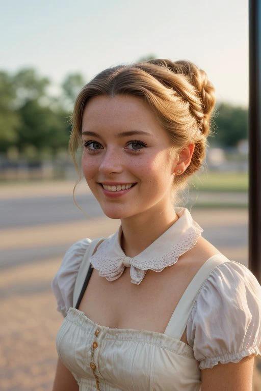 (shot from a Dutch angle, headshot:1.2) photo of <lora:YaelAris_v1:0.9> YaelAris  ,
smiling,
she is wearing tasuki,
she is wearing ascot,
her hair is styled as milkmaid braid,
BREAK she is (waiting at a bus stop in the country:1.1),
high key brightly lit,
Kodak Vision3
  ,shot on Aaton LTR
  ,bokeh,