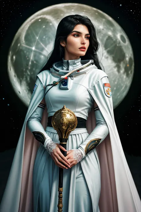 realistic photo of <lora:YaelAris_v1:0.9> YaelAris with black hair and wearing makeup, solo, upper body, looking away, detailed background, detailed face, (renaissance theme:1.1), prophet of the moon, white hair, ethereal glowing hair, white moon priest clothes, cape, 25%glowing moon scepter, moon tattoos, cosmic dust,,mystical celestial symbols, crescent moon, gentle night breeze, lunar dreamscape in background, ethereal dark atmosphere, **(holding moon in hands, astronaut:1.2),**