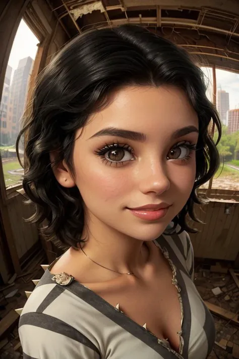 (eye level, closeup on face:1.2) photo of <lora:YaelAris_v1:0.9> YaelAris with black hair and wearing makeup ,
smiling,
she is wearing striped shirt
,
she is wearing spiked bracelet,
her hair is styled as tousled layers,
BREAK she is (exploring an abandoned building:1.1),
dramatic rim lighting,
Kodak Vision3
,vignette,8mm fisheye lens
,