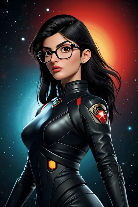 realistic photo of <lora:YaelAris_v1:0.9> YaelAris with black hair and wearing makeup wearing black rectangle glasses, (style-swirlmagic:0.8), solo, upper body, looking down, detailed background, detailed face, (21st century modern theme:1.1), space explorer, wearing bulky Venetian red space 25%armor, insignia, advanced technology, wide-eyed wonder, anti-gravity, hair drifting, drifting particles, communication device, black hole in background, cosmic lights, epic scifi atmosphere,