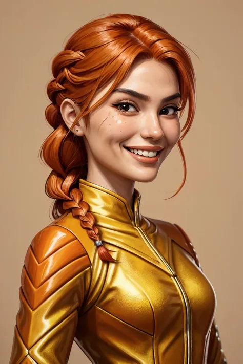 glaze art style, ceramic, shiny, detailed, vibrant portrait <lora:YaelAris_v1:0.9> YaelAris, focus on smiling face, wearing cosplay clothing , her peachy-orange color hair is styled as zigzag braid,