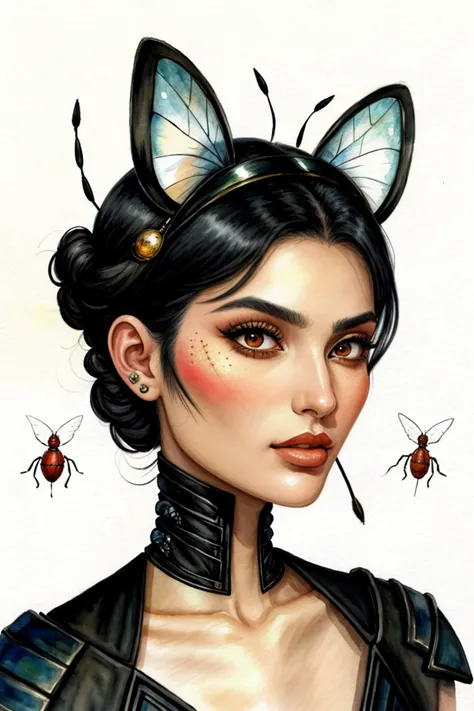 an extremely detailed, intricate watercolor painting of <lora:YaelAris_v1:0.9> YaelAris with black hair and wearing makeup with ant antenna on her head, she has multifaceted eyes, she has insect wings for ears