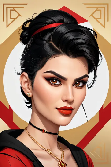 constructivist design of, geometric, bold, Russian art, highly detailed <lora:YaelAris_v1:0.9> YaelAris with black hair and wearing makeup, focus on eyes, close up on face, grinning, wearing jewelry, hair styled slicked-back hair