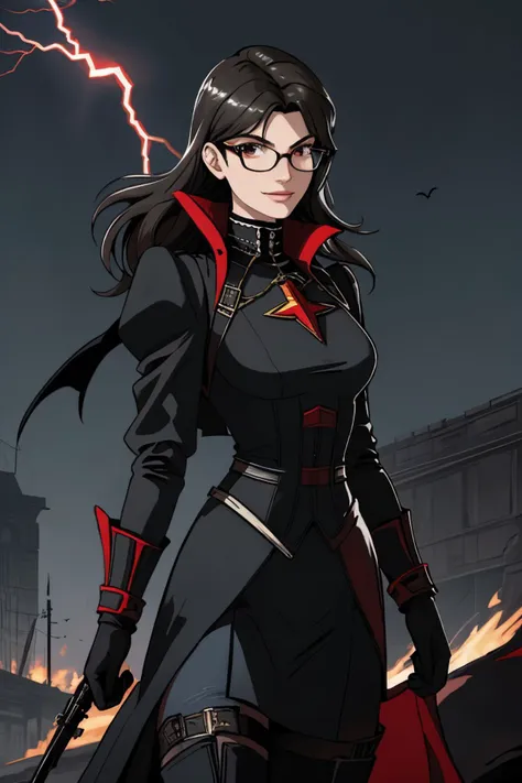 realistic photo of <lora:YaelAris_v1:0.9> YaelAris wearing black rectangle glasses, solo, (full body:0.6), detailed background, detailed face, (victorian theme:1.1), evil smile, dark fighter, red clothes, studded armor, vultures in background, , lightning in background, dark sinister atmosphere, dark night,