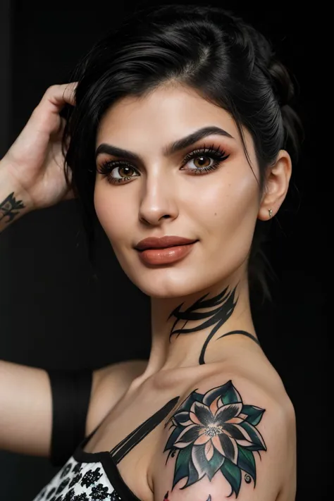 body art, tattoo style, detailed, inked, realistic photo of <lora:YaelAris_v1:0.9> YaelAris with black hair and wearing makeup, focus on eyes, close up on face, smile, hair styled as Straight Chignon,