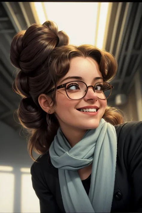 (from below, closeup on face:1.2) photo of <lora:YaelAris_v1:0.9> YaelAris  wearing black rectangle glasses,
smiling,
she is wearing  surcoat
  ,
she is wearing scarf,
her hair is styled as Curly Twisted Updo,
BREAK she is (in the garage:1.1),
soft fill lighting,
Kodak Vision3
  ,solarized,