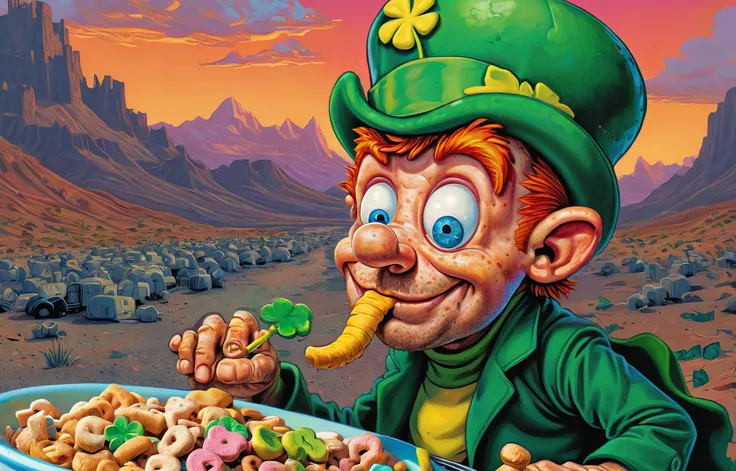 (Lucky the Leprecaun:1.5), photography in the style of detailed hyperrealism ,Craig Mullins,Jon Burgerman,geof darrow, Katsuya Terada,bold lines,scifi futuristic bio creature,cyberpunk,hyper detailed,poster,dof, passed out drunk, Lucky Charms, (Leprechaun:2) <lora:Lucky-Charms-XL-v1-000015:0.8>