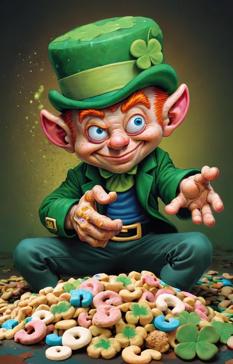 (Lucky the Leprecaun:1.5), photography in the style of detailed hyperrealism ,Craig Mullins,Jon Burgerman,geof darrow, Katsuya Terada,bold lines,scifi futuristic bio creature,cyberpunk,hyper detailed,poster,dof, passed out drunk, Lucky Charms, (Leprechaun:2) <lora:Lucky-Charms-XL-v1-000015:0.8>
