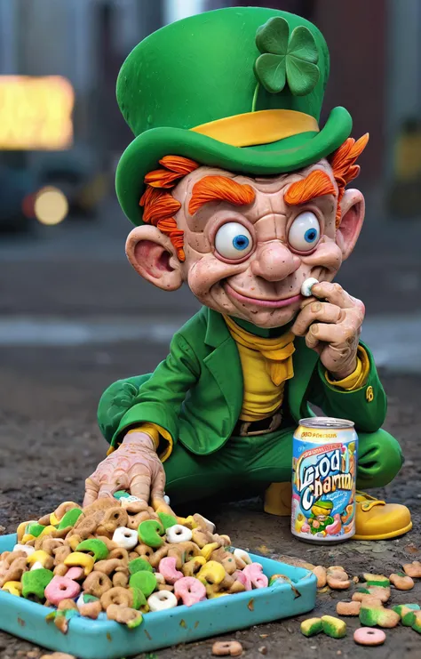(Lucky the Leprecaun:1.5), photography in the style of detailed hyperrealism ,Craig Mullins,Jon Burgerman,geof darrow, Katsuya Terada,bold lines,scifi futuristic bio creature,cyberpunk,hyper detailed,poster,dof, passed out drunk, Lucky Charms, (Leprechaun:2) <lora:Lucky-Charms-XL-v1-000015:0.8>