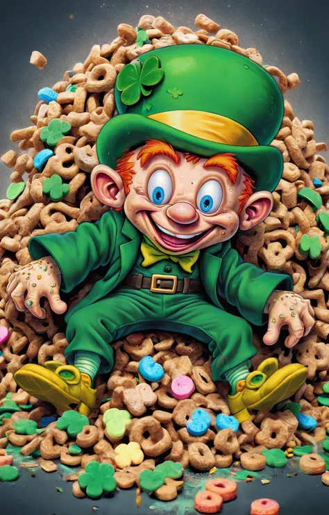 (Lucky the Leprecaun:1.5), photography in the style of detailed hyperrealism ,Craig Mullins,Jon Burgerman,geof darrow, Katsuya Terada,bold lines,scifi futuristic bio creature,cyberpunk,hyper detailed,poster,dof, passed out drunk, Lucky Charms, (Leprechaun:2) <lora:Lucky-Charms-XL-v1-000015:0.8>