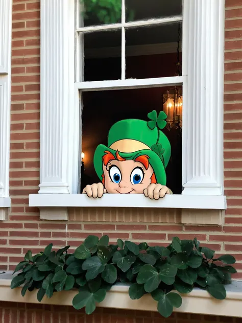 An epic photo of Lucky the Leprecaun peeping in the window of a sorority house.  <lora:Lucky-Charms-XL-v1-000015:0.7>