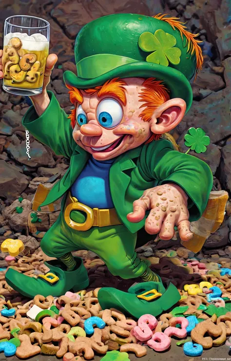 (Lucky the Leprecaun:1.5), photography in the style of detailed hyperrealism ,Craig Mullins,Jon Burgerman,geof darrow, Katsuya Terada,bold lines,scifi futuristic bio creature,cyberpunk,hyper detailed,poster,dof, passed out drunk, Lucky Charms, (Leprechaun:2) <lora:Lucky-Charms-XL-v1-000015:0.8>