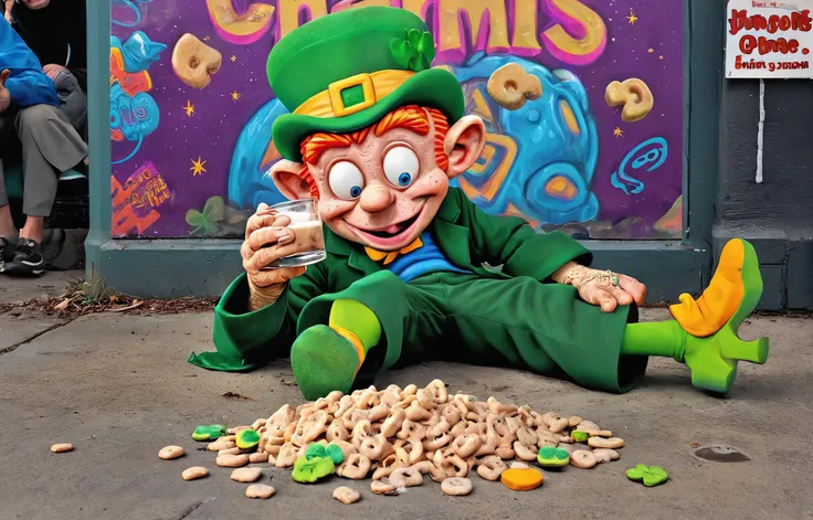 (Lucky the Leprecaun:1.5), photography in the style of detailed hyperrealism ,Craig Mullins,Jon Burgerman,geof darrow, Katsuya Terada,bold lines,scifi futuristic bio creature,cyberpunk,hyper detailed,poster,dof, passed out drunk, Lucky Charms, (Leprechaun:2) <lora:Lucky-Charms-XL-v1-000015:0.8>