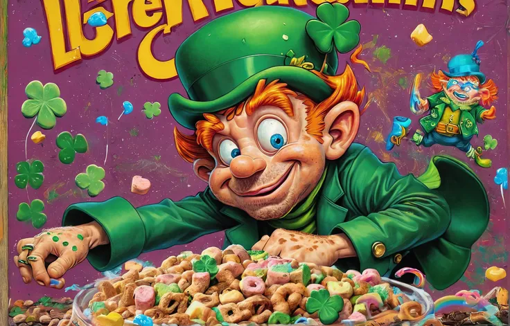 (Lucky the Leprecaun:1.5), photography in the style of detailed hyperrealism ,Craig Mullins,Jon Burgerman,geof darrow, Katsuya Terada,bold lines,scifi futuristic bio creature,cyberpunk,hyper detailed,poster,dof, passed out drunk, Lucky Charms, (Leprechaun:2) <lora:Lucky-Charms-XL-v1-000015:0.8>