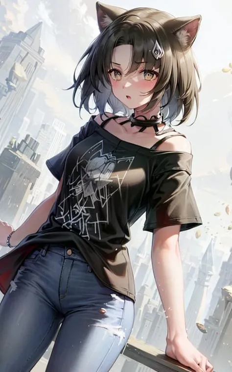 1girl,mhead,((t-shirt,jeans)),cowboy shot,