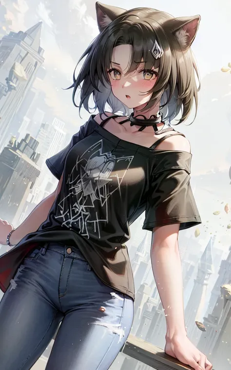 1girl,mhead,((t-shirt,jeans)),cowboy shot,