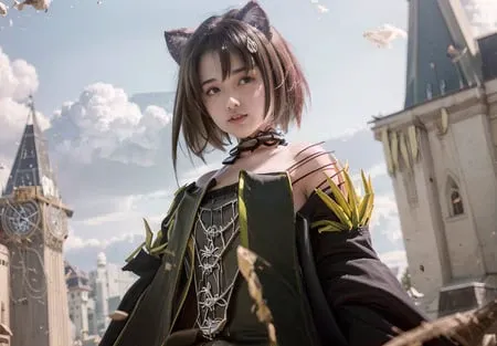 (8k, RAW photo, best quality, masterpiece:1.2), london \(azur lane\), fantacy_world, 1 girl, (aegyo sal:1), cute, aged down, (Jpop_idol), detailed beautiful skin, huge breasts, animal ears, black hair, cat ears, grey eyes, short hair, sad hand on own face, (photorealistic:1.8), focus_on_face, looking down, arm up, sunny milk, professional lighting, photon mapping, radiosity, physically-based rendering, daytime, outdoors,