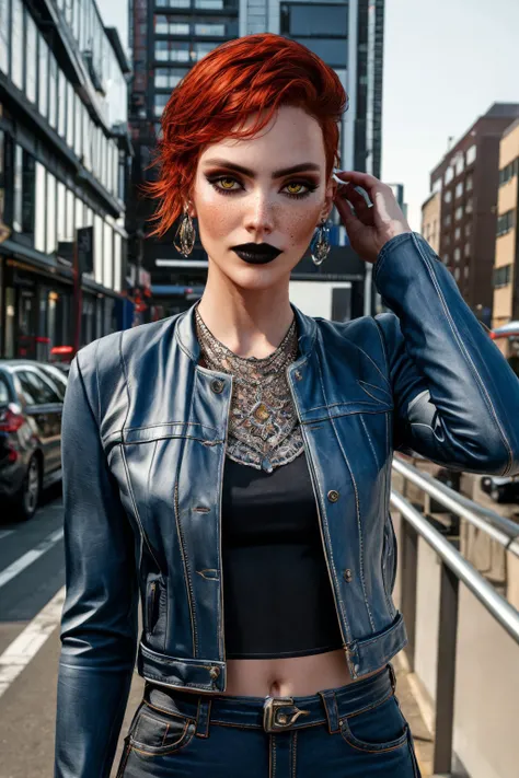 auroreCP77_soul3142,outdoors,leather jacket,jeans,looking to the side,masterpiece,best quality,intricate details,1girl,looking at viewer,red hair,yellow eyes,makeup,freckles,mole,black lips,<lora:auroreCP77-06n:0.6>,<lora:add_detail:0.75>,