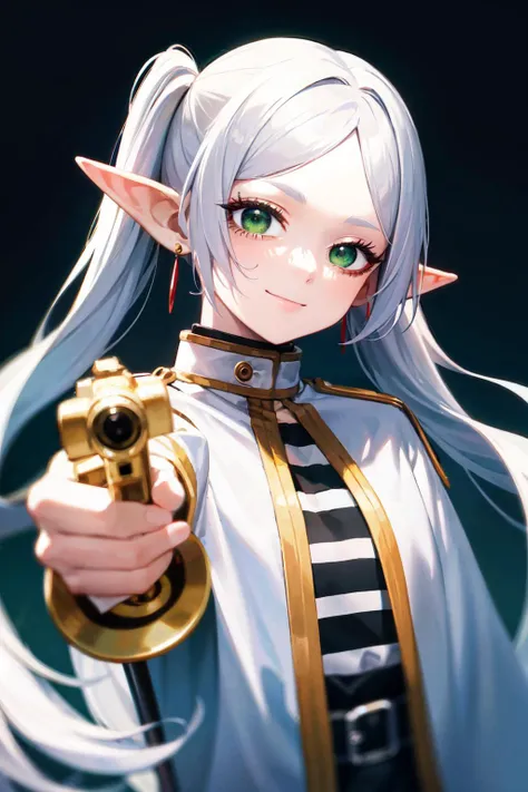 <lora:Foreshortening:1>, foreshortening, (masterpiece), best quality, high resolution, highly detailed,   gun, aiming, aiming at viewer,   aafrie, long hair, white hair, twintails, pointy ears, earrings, green eyes, thick eyebrows, white capelet, striped shirt, long sleeves, head tilt, <lora:frieren_v1:0.7>, upper body, smile,