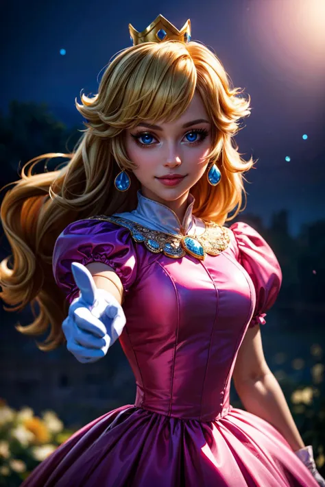 (ultra realistic,32k, masterpiece:1.2),(high detailed skin:1.1),( high quality:1.1),  <lora:Foreshortening:1>, foreshortening,   pointing, pointing at viewer,  1girl,    <lora:princesspeach-lora-nochekaiser:0.7>, princess peach, blonde hair, blue eyes, smile, long hair, crown, dress, gem, gloves, pink dress, puffy short sleeves, puffy sleeves, short sleeves, white gloves,  upper body, smile,   blooming stars, luminescent petals, otherworldly fragrance blurry background, (looking at viewer, standing:1.1),  <lora:add_detail:0.92>, (glowwave:1.1),