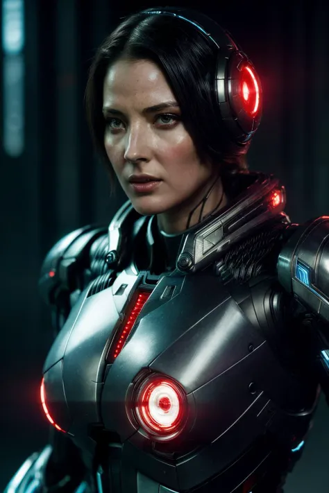 omn, ((best quality)), ((masterpiece)), (detailed), Midjourney Style, close-up, woman, robot, red eyes, concept art, inspired by Marek Okon, digital art, Crysis Nanosuit, futuristic, (glowing elements:1.1), 4:3 aspect ratio, dynamic duo,<lora:OliviaMunn-RealVision-V1.0:1>