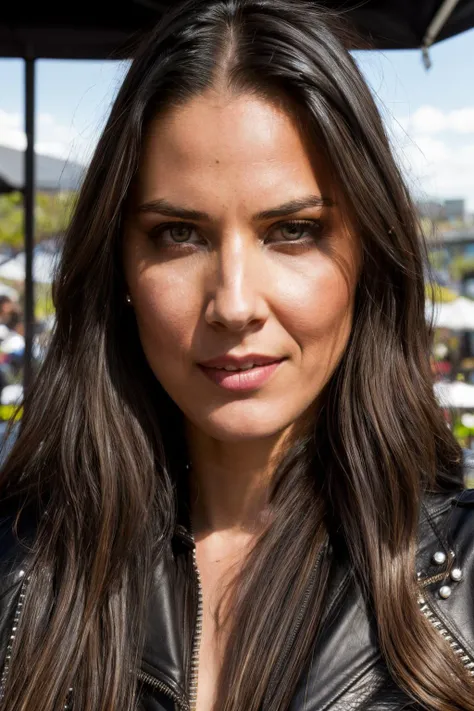 omn piercing eyes, looking straight, very happy,long hair, wearing an biker outfit, closeup portrait, in a outdoor cafe in 2015, afternoon light, <lora:OliviaMunn-RealVision-V1.0:1>